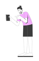 Bearded european man pointing at smartphone screen 2D cartoon character. Digital lifestyle. Casual caucasian guy taking photo on phone flat vector person isolated on white. Spot illustration colorful