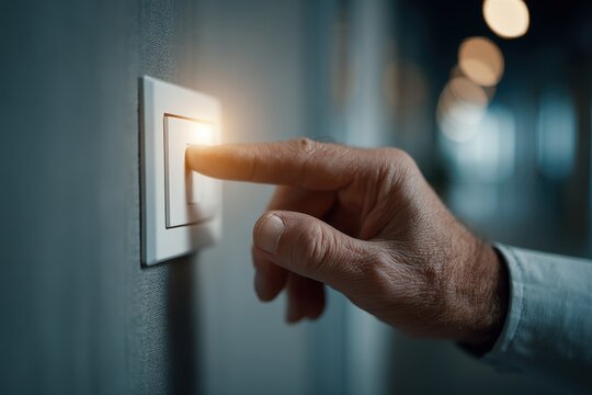A close-up shot of a person's finger pressing a light switch, illuminating a room with the concept of energy saving, switching on the light, indoors.