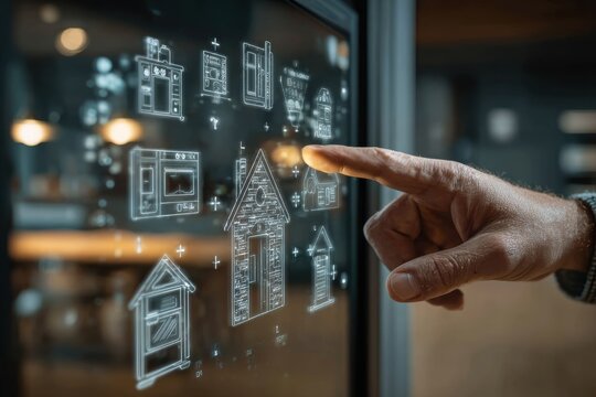A person's finger pointing to a holographic display of house blueprints and appliances, showcasing smart home technology and architectural design in a modern setting.