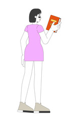 Young chinese woman holding book and facing away 2D cartoon character. Asian girl in sunglasses and short sleeved dress reading novel flat vector person isolated on white. Spot illustration colorful