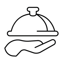 Fototapeta premium Hand and dish with lid thin line icon, culinary cooking concept. Vector graphics. Dish plate on hand, food service sign on white background, style mobile or design.