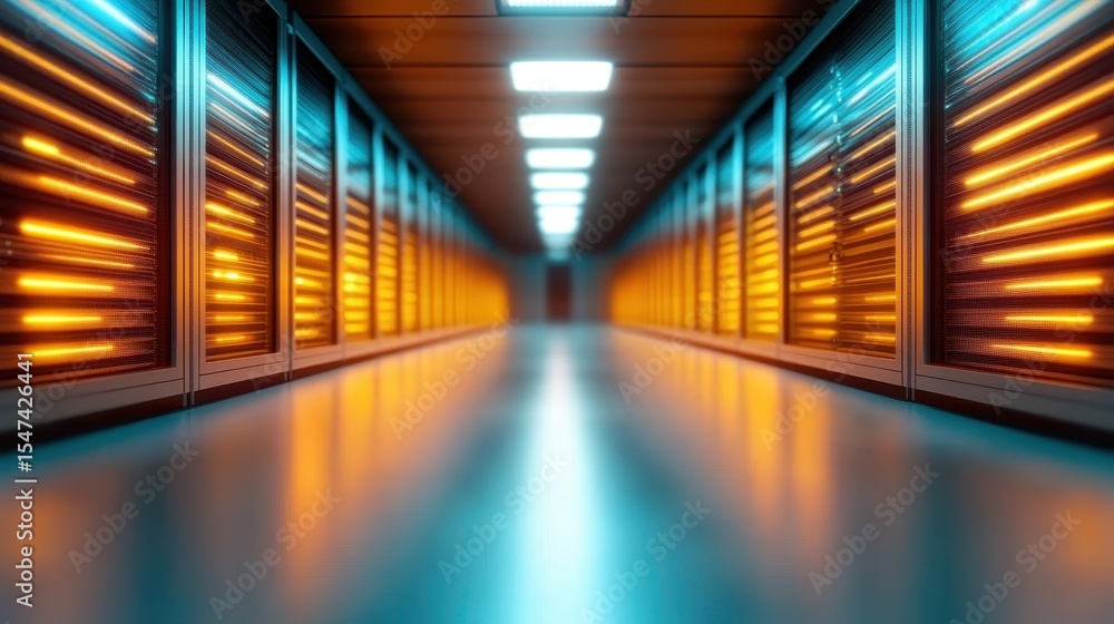 Poster a vibrant corridor of a modern data center, showcasing rows of illuminated server racks surrounded b