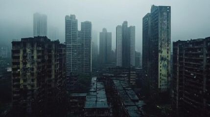 Dilapidated urban buildings in foggy cityscape