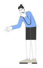 Modern caucasian man in longsleeve finger pointing and thinking 2D cartoon character. Topknot european male rubbing chin, gesturing flat vector person isolated on white. Spot illustration colorful