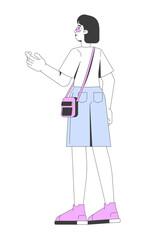 Trendy gen z asian girl with crossbody bag facing away 2D cartoon character. Stylish millennial woman standing in summer clothing flat vector person isolated on white. Spot illustration colorful