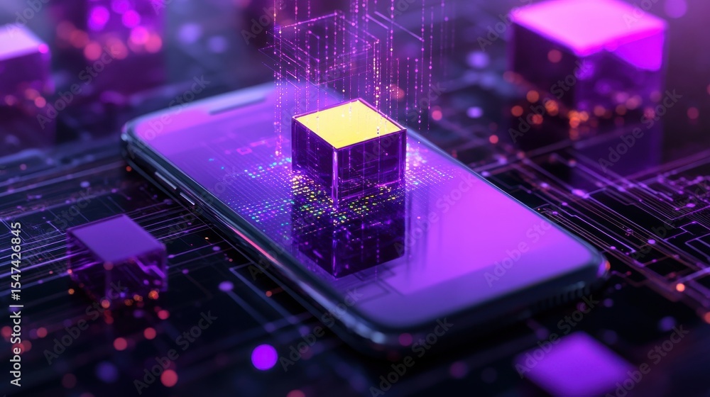 Poster smartphone and cube in vibrant abstract digital environment at night