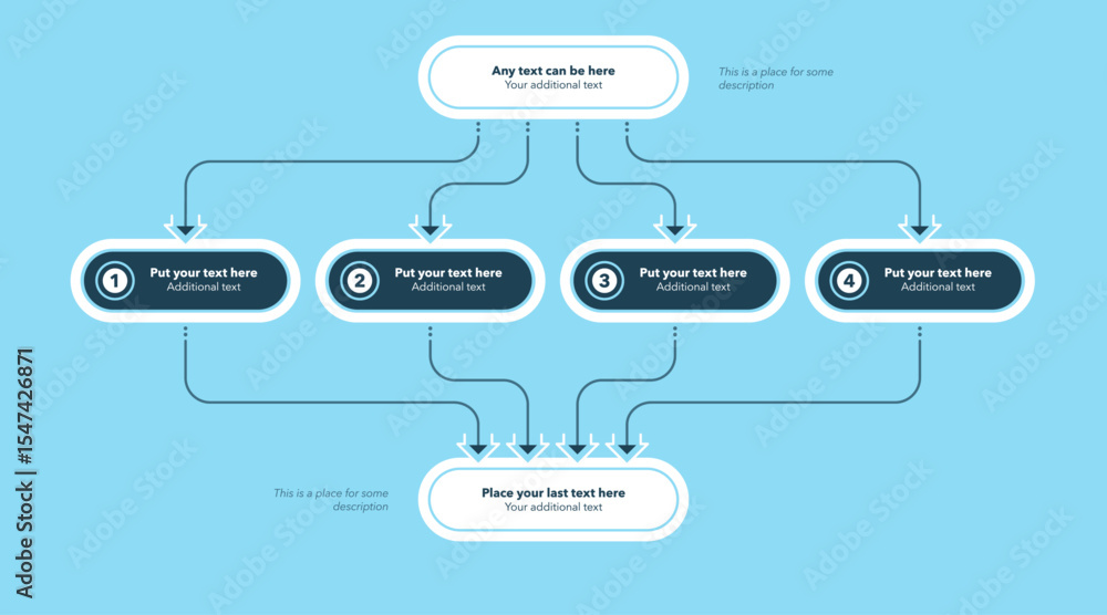 Aufkleber Process flow diagram divided into four options - blue version. Simple chart design with thin lines for workflow layout, banner or web design.
