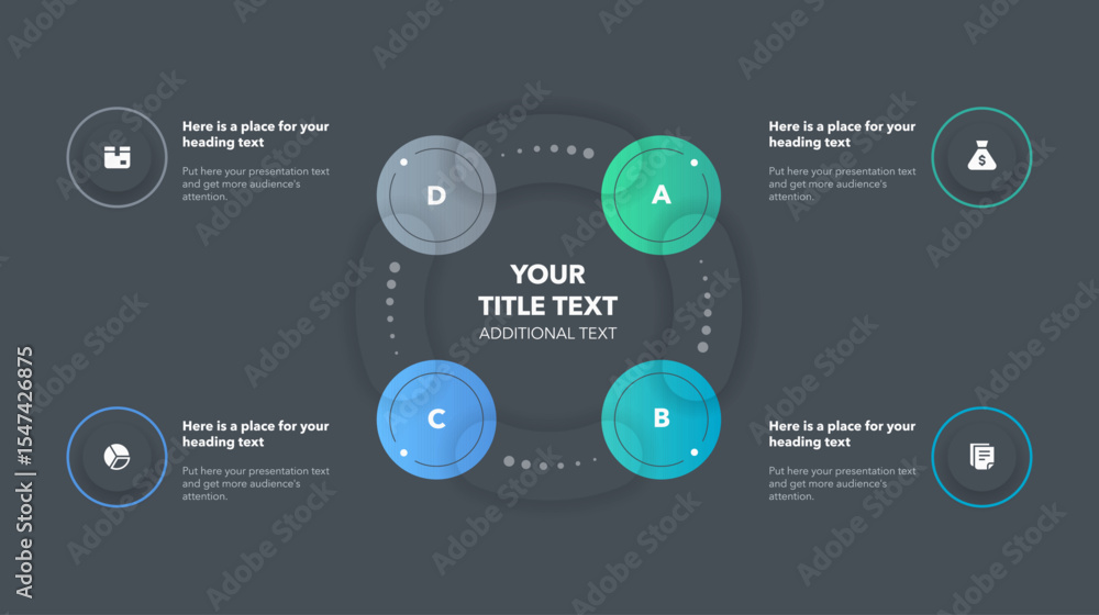Aufkleber Modern round cycle diagram with four colorful steps - dark version. Process chart design with icons and thin lines, can be used for your website or presentation.