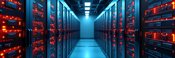 Data center server room with rows of powerful computer servers. Modern data center infrastructure includes high-tech equipment and glowing lights.