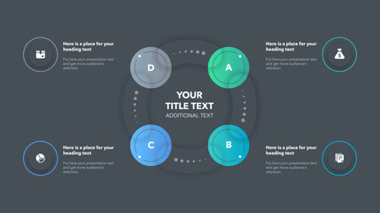 Modern round cycle diagram with four colorful steps - dark version. Process chart design with icons and thin lines, can be used for your website or presentation.