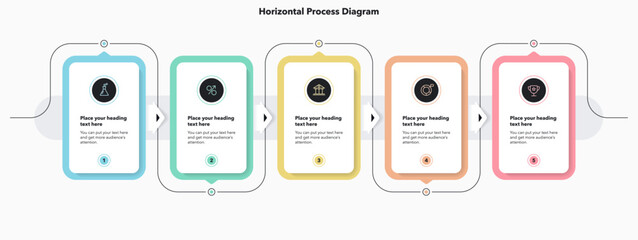 Fototapeta na wymiar Simple horizontal process infographic template with five steps or options. Flat presentation diagram with minimalistic icons for data visualization.