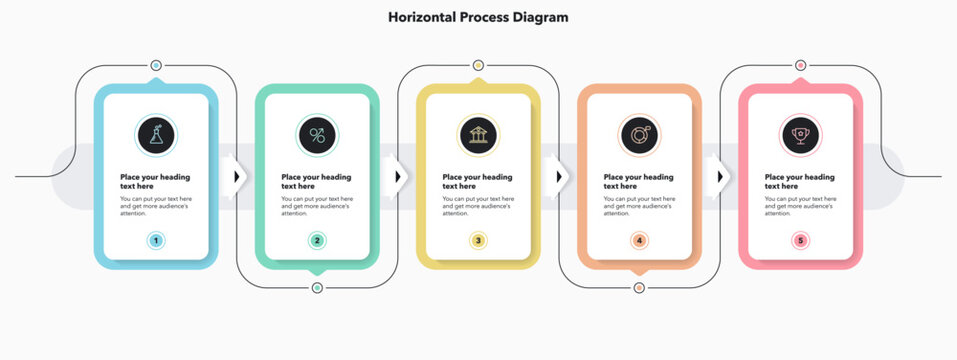 Simple horizontal process infographic template with five steps or options. Flat presentation diagram with minimalistic icons for data visualization.
