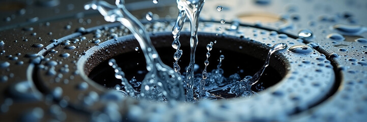 Water splashing in drain. Closeup water stream falling into metal sink drain. Water flows down drain. Perfect image for plumbing or water conservation projects.