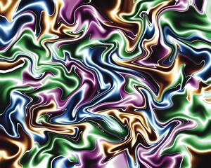 Abstract liquid metal pattern with a glossy, shiny effect featuring vibrant colors like green, purple, blue, gold, and white on a dark background. The design gives off a futuristic and energetic vibe.