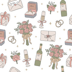 Wedding occasion hand drawn style illustration seamless pattern of ring envelope and flower bouquet