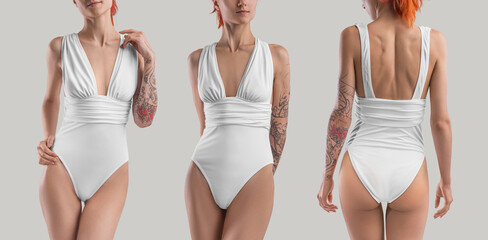 Mockup of a white swimsuit on a slim red-haired girl, front view, back view, for design, print, branding. Set.