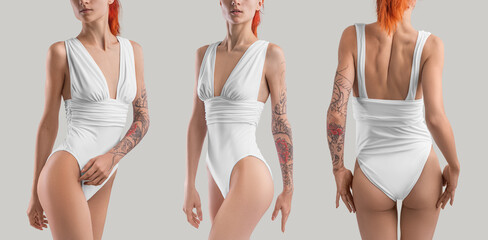 Mockup of a white one-piece swimsuit on a slim red-haired girl, side, back view, for design, print, branding. Set.