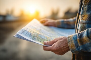 Naklejka premium Close-up of a traveler holding a map in his hands, planning the route, under the bright sunshine, wearing a casual plaid shirt, outdoors, exploring new destinations.