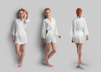 Mockup of a white silk robe on a slim red-haired girl, front, side, back, full length, for design, branding. Set.