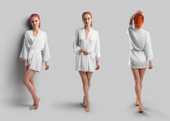 Template of a white silk robe on a red-haired girl, front, side, back view, full length, isolated on background. Set.