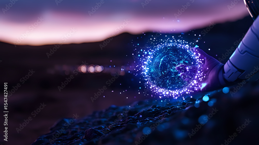 Poster magical glowing blue sphere with sparkles and particles floating above ground at dusk, finger pointi