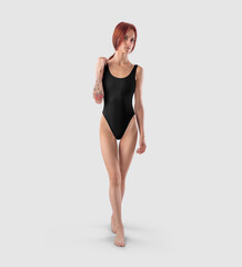 Template of black monokini one piece, on a redheaded girl with a tattoo, front view, for design, print, pattern, branding.