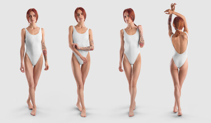 Mockup of a white sports swimsuit on a slim red-haired girl, full length, front, back view, for design, print, pattern, branding. Set.