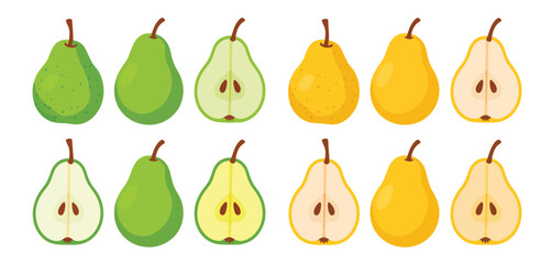 Cartoon Pears Green Yellow Whole and Halved Illustration