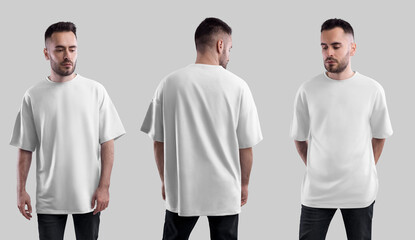 Mockup of white oversized t-shirt on bearded guy in black jeans, front view, back view, isolated on background. Set.