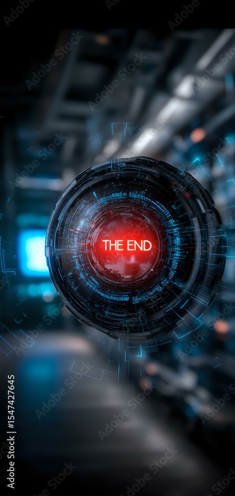 Poster futuristic circular interface with glowing red text reading 