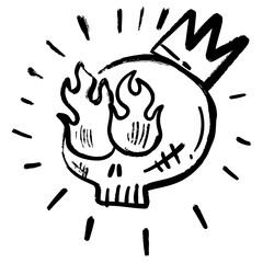 Black and white hand drawn illustration of a skull with two flames as eyes and a spiky crown on top. Grunge style doodle with sketchy lines and bold strokes.