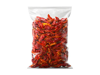 Bag of dried red chili peppers isolated on transparent or white background, png