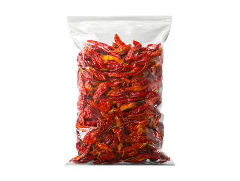 Bag of dried red chili peppers isolated on transparent or white background, png