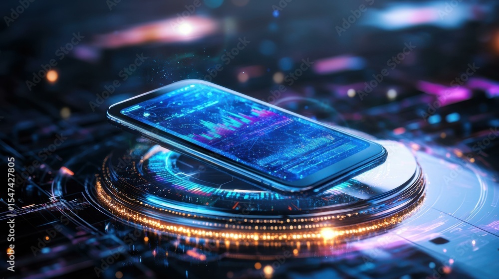 Poster smartphone displaying graphs in futuristic indoor setting at night