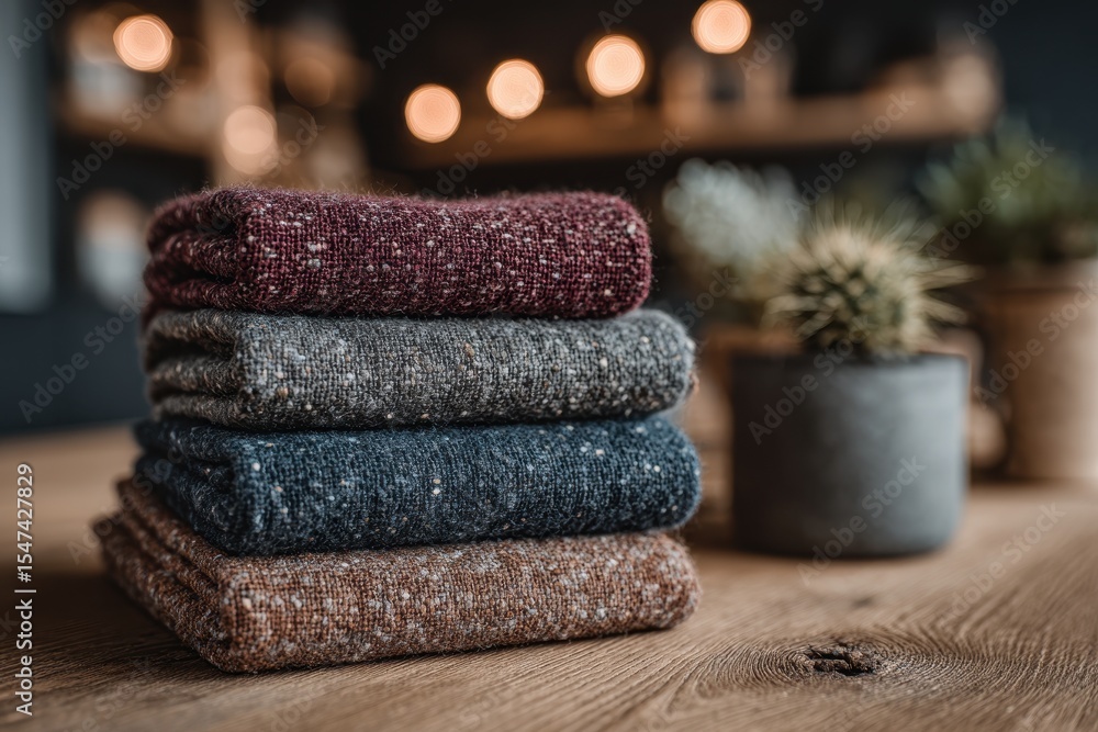 Poster a neatly arranged stack of colorful woolen blankets on a rustic wooden table, creating a warm and in