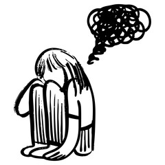 hand drawn confusion concept. Girl with anxiety touch head surrounded by think Mental disorder and chaos in consciousness, finding answers. vector illustration.