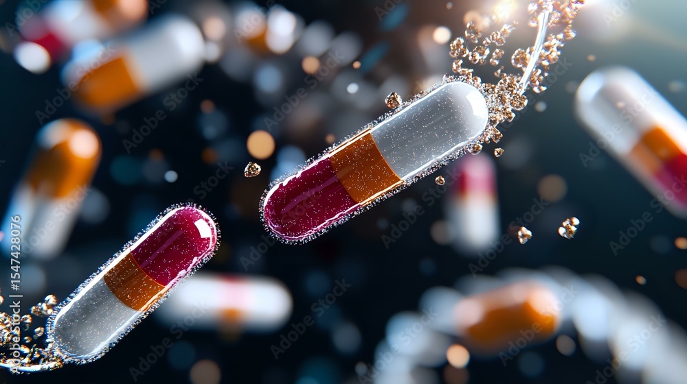 Poster medical capsules with red and orange contents breaking apart in water with dynamic splash effect and
