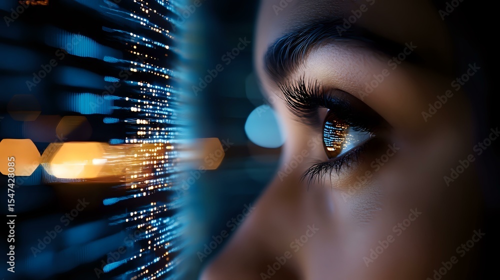 Poster close up view of brown eye with long eyelashes looking at glowing digital data stream with bokeh lig