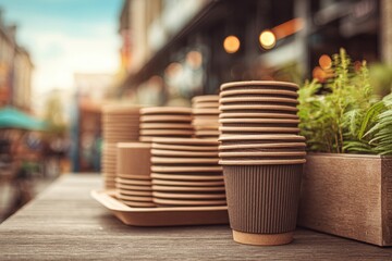 Stacks of disposable brown cardboard coffee cups on a wooden table near a cafe, city blur in background, highlighting sustainable materials and urban coffee culture.