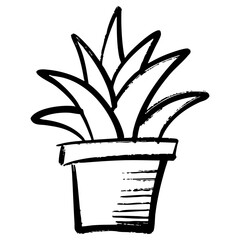Hand drawn black and white doodle illustration of a potted plant with bold, sketchy lines.