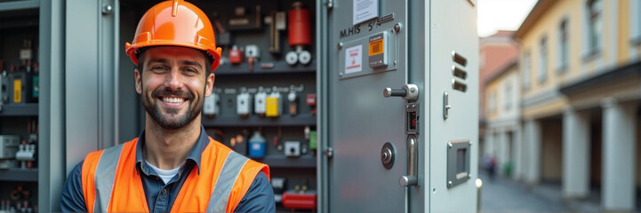Happy electrician near electrical panel.  Smiling electrical engineer in hard hat and safety vest. Professional electrical worker near power distribution box.