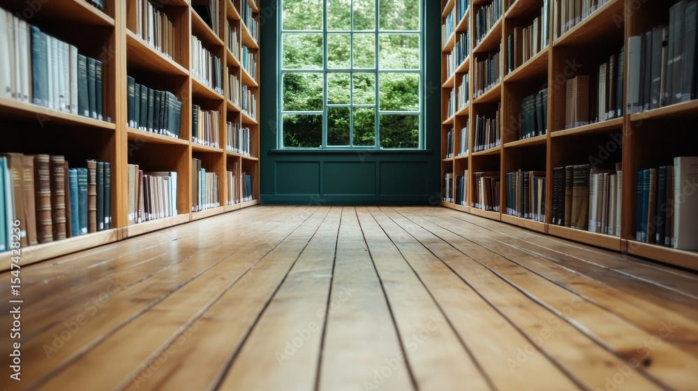 Poster an inviting library features shelves lined with books, accented by natural light streaming through l