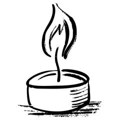 simple black and white hand drawn doodle illustration of a lit candle in a round holder.