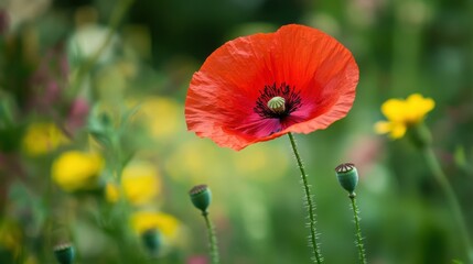 Serene poppy seed pods in vibrant field during daytime