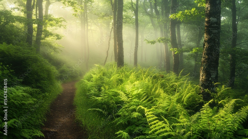 Poster serene forest path with ferns and sunlight filtering through fog