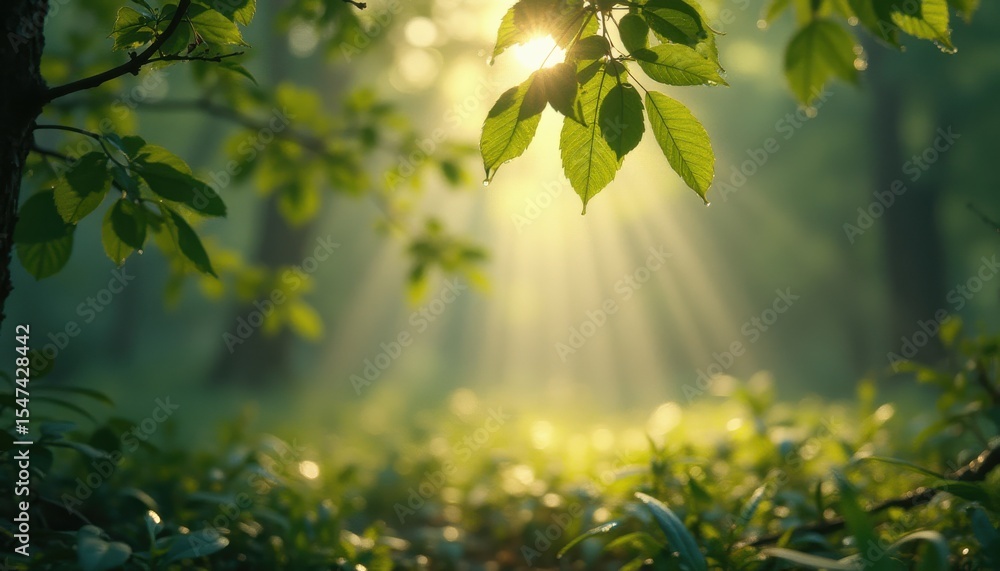 Poster sunbeams filtering through lush green leaves in tranquil forest