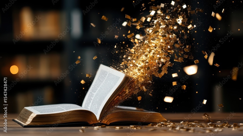 Poster an open book emits a dazzling display of golden sparks, symbolizing the magic of storytelling and th