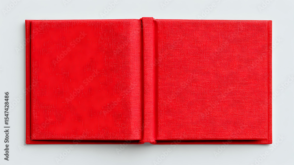 Poster open blank red hardcover book with empty pages lying flat on white background, isolated and ready fo