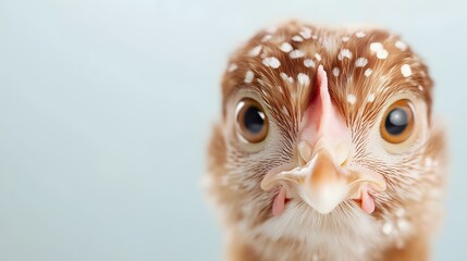 Obraz premium Close up portrait of young spotted chicken with brown feathers and large expressive eyes against light background, macro photography of farm bird face.