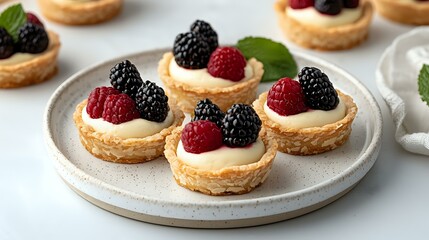 Mini puff pastry tarts filled with vanilla custard cream and topped with fresh raspberries and blackberries on white ceramic plate, sweet dessert.